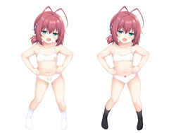  :d antenna_hair bare_arms bare_shoulders black_socks bow bow_panties bra bra-ban! breasts collarbone commentary_request ebihara_minase female full_body green_eyes hair_ornament hairclip hands_on_own_hips highres long_hair looking_at_viewer low_twintails navel no_shoes oerba_yun_fang panties red_hair sakuraba_hikaru_(loveindog) simple_background small_breasts smile socks standing twintails underwear underwear_only v-shaped_eyebrows variations white_background white_bra white_panties white_socks 