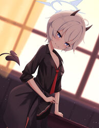  absurdres black_horns black_shirt black_tail blue_archive blue_eyes blue_halo blush breasts cleavage collarbone collared_shirt cowboy_shot demon_horns demon_tail erika_(blue_archive) female grey_hair grin halo highres horns indoors looking_at_viewer necktie red_necktie shiroiurushi shirt short_hair small_breasts smile solo tail window 