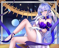  absurdres aqua_eyes bare_shoulders blue_footwear breasts choker cleavage commentary detached_sleeves dress earrings facial_mark female foot_out_of_frame gloves head_wings highres hollow_mimikyu honkai:_star_rail honkai_(series) jewelry knee_up long_hair looking_at_viewer medium_breasts parted_lips purple_choker purple_hair robin_(honkai:_star_rail) short_sleeves sitting smile solo strapless strapless_dress thighs very_long_hair white_dress white_gloves wings 