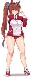  absurdres animal_ears ankle_socks blue_gemstone blush breasts brown_hair buruma clenched_hands closed_jacket closed_mouth commentary_request cross-body_stretch cross-laced_footwear daiwa_scarlet_(umamusume) double-parted_bangs female full_body fur_hair_tie gem gym_shirt hair_between_eyes hair_intakes hands_up high_heel_sneakers highres horse_ears horse_girl jacket kuro_(zhurunbo1997) large_breasts legs_apart long_bangs long_hair multicolored_clothes multicolored_jacket partially_unzipped pocket purple_eyes red_buruma red_footwear red_jacket shirt simple_background smile socks solo standing stretching sweat thighs tiara track_jacket twintails two-tone_jacket umamusume very_long_hair white_background white_jacket white_shirt white_socks zipper zipper_pull_tab 