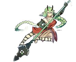  7bun_junbun absurdres bandaged_foot bandaged_leg bandages bare_legs bare_shoulders barefoot bell blurry blurry_background braid breasts collarbone commission demon_girl demon_horns detached_sleeves dress elbow_gloves english_commentary feet female fighting_stance gem glaring gloves green_gemstone green_hair highres holding holding_polearm holding_weapon holding_with_feet horns jade_(boltclash) light_frown looking_at_viewer medium_breasts original pale_skin pointy_ears polearm red_eyes soles solo suspenders toe_scrunch toes weapon white_background 