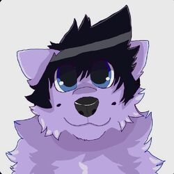  1:1 anthro black_hair black_nose blue_eyes compression_artifacts ears_up fluffy hair headshot_portrait looking_at_viewer male neck_tuft portrait purple_body roxy_bun sillybilly simple_background smile smiling_at_viewer solo tuft 