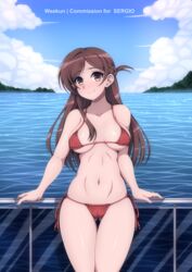  bikini blue_sky blush breasts brown_eyes brown_hair closed_mouth collarbone commission female highres kanojo_okarishimasu large_breasts leaning_back long_hair looking_at_viewer mizuhara_chizuru navel ocean railing red_bikini sky smile solo standing swimsuit water weekun 