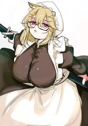  animal_ear_fluff apron arknights black_dress blonde_hair breasts dress female glasses hat highres holding holding_weapon large_breasts long_sleeves looking_at_viewer maid open_mouth pink_eyes puffy_long_sleeves puffy_sleeves short_hair simple_background solo ub_orca utage_(arknights) weapon white_apron white_background white_hat 