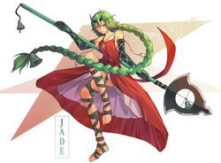  anklet bandaged_foot bandaged_leg bandages bare_legs bare_shoulders barefoot bell braid breasts collarbone commission demon_girl demon_horns detached_sleeves dress elbow_gloves english_commentary feet female fighting_stance gem gloves green_gemstone green_hair hair_bell hair_ornament highres holding holding_polearm holding_weapon horns jade_(boltclash) jewelry kairostier long_hair original pointy_ears polearm purple_eyes red_dress second-party_source sideboob single_braid solo standing standing_on_one_leg toes very_long_hair weapon white_background 