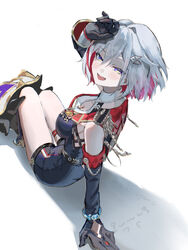  absurdres bare_shoulders belt black_gloves blue_eyes breasts cleavage colored_inner_hair female gloves grey_hair highres honkai:_star_rail honkai_(series) large_breasts long_sleeves looking_at_viewer mochi_upamo multicolored_hair numby_(honkai:_star_rail) red_hair short_hair smile streaked_hair thighs topaz_(honkai:_star_rail) trotter_(honkai:_star_rail) 