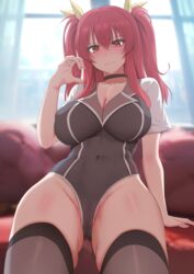  black_choker black_thighhighs breasts choker cleavage commentary covered_navel female ginhaha hair_between_eyes hair_ribbon half-heart_hands highleg highres large_breasts long_hair looking_at_viewer mixed-language_commentary rakudai_kishi_no_cavalry red_eyes red_hair ribbon short_sleeves sitting solo stella_vermillion thighhighs two_side_up 