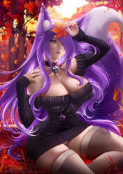  animal_ear_fluff animal_ears autumn autumn_leaves bare_shoulders black_choker black_sweater blue_eyes blush borrowed_character breasts choker cleavage commission female fox_ears fox_girl fox_tail hand_on_own_shoulder highres holding holding_leaf javier_estrada kurona_reole large_breasts large_tail leaf long_hair looking_at_viewer maple_leaf original outdoors panties purple_hair purple_tail signature sitting solo sweater tail thighhighs thighs underwear very_long_hair watermark 