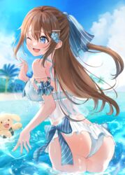  ;d absurdres arm_cuffs ass bikini blue_bikini blue_bow blue_eyes blue_flower blurry blurry_background bow bow_bikini breasts brown_hair canine commentary female flower frilled_bikini frilled_cuffs frills from_behind hair_between_eyes hair_flower hair_ornament hairbow hairclip half_updo halterneck highres long_hair love_live! love_live!_nijigasaki_high_school_idol_club medium_breasts nyako_(utaneko31) odaiba_beach_girl_(love_live!) one_eye_closed open_mouth ophelia_(love_live!) osaka_shizuku outdoors ponytail sidelocks smile solo splashing swimsuit wading 