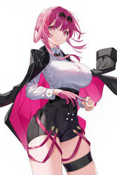  absurdres alternate_breast_size black_jacket black_shorts breasts chinese_commentary collared_shirt commentary_request cowboy_shot eyewear_on_head female freeeeeeeeeee glove_pull gloves high-waist_shorts highres honkai:_star_rail honkai_(series) jacket kafka_(honkai:_star_rail) large_breasts long_hair looking_at_viewer open_clothes open_jacket purple_eyes purple_gloves purple_hair round_eyewear shirt short_shorts shorts sidelocks simple_background single_glove skindentation smile solo spider_web_print sunglasses teeth thigh_strap white_background white_shirt 