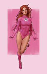  absurdres atom_eve boots breasts cape clip_studio_paint_(medium) commentary commission dalejomej english_commentary female full_body green_eyes highres image_comics invincible_(series) large_breasts leotard long_hair looking_at_viewer orange_hair pink_footwear pink_leotard skin_tight solo superhero_costume thighs 