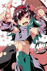  alternate_costume anger_vein armpits black_hair blue_hair blue_thighhighs blunt_bangs blush boned_meat crop_top cross demon_girl demon_horns demon_tail detached_sleeves fake_horns feet_out_of_frame female flat_chest food grey_shirt grey_skirt grey_sleeves grey_thighhighs hairband highres holding holding_food horns long_hair looking_at_viewer meat medium_bangs mismatched_thighhighs multicolored_hair nanashi_inc. nantyu-a open_mouth pointy_ears red_eyes red_hairband shirt shishio_chris sitting skirt solo tail thighhighs two-tone_hair virtual_youtuber 