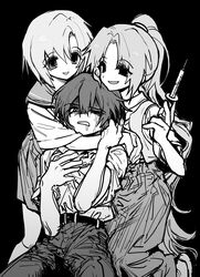  1boy 2girls arms_around_neck behind_another belt clenched_teeth crying curtained_hair empty_eyes greyscale grimace half-closed_eye hand_up hands_up higurashi_no_naku_koro_ni holding holding_syringe jihecchi long_hair long_skirt looking_at_viewer maebara_keiichi monochrome multiple_girls one_eye_closed open_mouth pants pleated_skirt ponytail ryuuguu_rena school_uniform serafuku shirt_tucked_in short_hair short_sleeves simple_background skirt smile sonozaki_mion struggling syringe teeth vest 