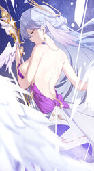  absurdres alternate_costume angel_wings back backless_dress backless_outfit bare_back bare_shoulders bow breasts closed_eyes commentary_request cowboy_shot crescent dress earrings facing_down female freeeeeeeeeee glint half_updo halo head_wings highres holding holding_microphone_stand honkai:_star_rail honkai_(series) jewel_under_eye jewelry large_breasts long_hair microphone_stand music open_mouth profile purple_bow robin_(honkai:_star_rail) sideboob singing sleeveless sleeveless_dress solo star_(symbol) strapless very_long_hair white_dress wings 