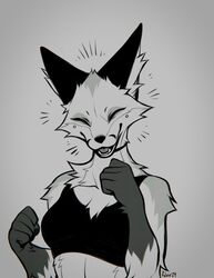  2024 anthro canid canine cheek_piercing closed_eyes clothed clothing digital_media_(artwork) dimple_piercing falvie female fox fur gloves_(marking) grey_background hi_res inner_ear_fluff mammal markings midriff open_mouth open_smile piercing signature simple_background smile solo the_fox_(falvie) tuft 