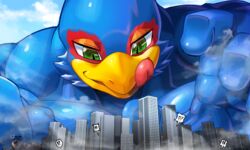  5:3 anthro avian beak bird blue_body blue_feathers bust_portrait city cloud destruction falco_lombardi feathers giga green_eyes hi_res holding_out_hand looking_down looming low-angle_view macro male mayar muscular muscular_male nintendo portrait star_fox tongue tongue_out 