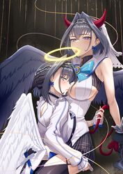  2girls absurdres angel_and_devil angel_wings blue_eyes blue_hair blush bow bow_earrings breasts demon_horns demon_tail demon_wings earrings gloves grabbing_another&#039;s_tail hair_intakes halo head_chain highres hololive hololive_english horns jewelry large_breasts multiple_girls open_mouth ouro_kronii ouro_kronii_(1st_costume) selfcest tail tongue tongue_out virtual_youtuber wings yuri zenya 