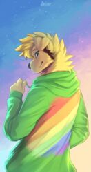  absurd_res anthro belvor bird_dog blonde_hair canid canine canis cheek_tuft clothing domestic_dog facial_tuft golden_retriever hair half-closed_eyes hi_res hoodie hunting_dog lgbt_pride male mammal nao_o&#039;connor narrowed_eyes neck_tuft night pride_color_hoodie pride_colors rainbow_pride_colors retriever six-stripe_rainbow_pride_colors smile solo topwear tuft 