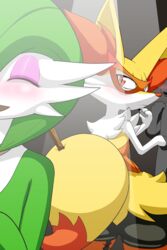  2:3 4_fingers anthro black_body blush braixen camille_(vulapa) clothing corset electronics eyeshadow faceless_character faceless_human female fingers fur gardevoir generation_3_pokemon generation_6_pokemon green_hair hair headgear headphones headset hi_res human humanoid inner_ear_fluff legwear lingerie looking_at_another makeup male mammal mask microphone nintendo paw_holding pokemon pokemon_(species) red_body red_eyes red_fur smile stare stick stick_in_tail stockings topwear tuft vulapa white_body yellow_body yellow_fur 