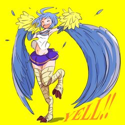  1:1 2019 ahoge avian blue_body blue_bottomwear blue_clothing blue_feathers blue_hair blue_skirt bottomwear breasts cheerleader cleavage closed_eyes clothed clothing crotch_lines english_text european_mythology exclamation_point feathered_wings feathers feet female greek_mythology hair harpy hi_res hinekure7 humanoid midriff monster_girl_(genre) monster_musume mythological_avian mythological_creature mythology navel on_one_leg open_mouth papi_(monster_musume) pattern_bottomwear pattern_clothing pattern_shirt pattern_skirt pattern_tank_top pattern_topwear pom_poms raised_leg scuted_legs scutes shirt simple_background skirt solo standing striped_bottomwear striped_clothing striped_shirt striped_skirt striped_tank_top striped_topwear stripes talons tank_top teeth text toes topwear wings yellow_background yellow_pom_poms 