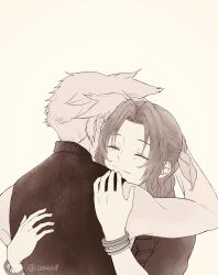  1boy absurdres aerith_gainsborough aireborn arm_around_back bangle bare_shoulders bracelet braid braided_ponytail brown_hair closed_eyes cloud_strife couple female final_fantasy final_fantasy_vii final_fantasy_vii_rebirth final_fantasy_vii_remake highres hug jacket jewelry light_blush parted_bangs sepia short_hair sidelocks single_braid sleeveless sleeveless_turtleneck smile spiked_hair straight turtleneck twitter_username upper_body white_background 