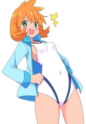  +++ :d blue_jacket blush breasts bright_pupils commentary covered_navel cowboy_shot cutefires eyelashes female flipped_hair green_eyes hands_on_own_hips happy jacket kasumi_(pokemon) long_sleeves one-piece_swimsuit open_clothes open_jacket open_mouth orange_hair pokemon pokemon_hgss sideboob simple_background smile solo swimsuit white_background white_one-piece_swimsuit white_pupils 