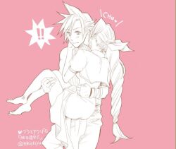  ! !! 1boy aerith_gainsborough barefoot belt braid braided_ponytail carrying cloud_strife couple cropped_jacket dress female final_fantasy final_fantasy_vii hair_between_eyes hair_ribbon injury kissing kissing_neck long_dress long_hair parted_bangs pink_background princess_carry puffy_short_sleeves puffy_sleeves ribbon short_hair short_sleeves sidelocks single_braid sleeveless sleeveless_turtleneck spiked_hair straight tokiokiyu turtleneck twitter_username 