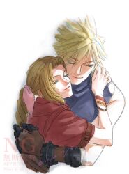  1boy aerith_gainsborough armored_gloves bandaged_arm bandages bangle bare_shoulders blonde_hair blue_shirt bracelet braid braided_ponytail brown_hair closed_eyes closed_mouth cloud_strife cropped_torso female final_fantasy final_fantasy_vii final_fantasy_vii_rebirth final_fantasy_vii_remake hair_between_eyes hair_ribbon highres hug jacket jewelry long_hair neya parted_bangs pink_ribbon red_jacket ribbon shirt short_hair short_sleeves sidelocks single_braid sleeveless sleeveless_turtleneck smile spiked_hair turtleneck twitter_username upper_body white_background 