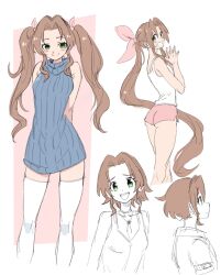  aerith_gainsborough alternate_costume alternate_hairstyle arms_behind_back ass bare_arms bervens12 blush breasts brown_hair choker closed_mouth feet_out_of_frame female final_fantasy final_fantasy_vii final_fantasy_vii_remake flower_choker green_eyes grin hair_ribbon highres long_shirt looking_at_viewer medium_breasts own_hands_together parted_bangs pink_background pink_ribbon pink_shorts ribbon short_hair short_shorts short_sleeves shorts sidelocks sleeveless sleeveless_turtleneck smile solo tank_top teeth thighhighs turtleneck twintails white_background white_tank_top white_thighhighs 