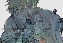  aerith_gainsborough arm_around_shoulder armor armored_gloves bangle black_gloves blonde_hair blue_shirt bracelet braid brown_hair closed_eyes cloud_strife couple crying final_fantasy final_fantasy_vii final_fantasy_vii_rebirth final_fantasy_vii_remake gloves hair_between_eyes hand_on_another&#039;s_cheek hand_on_another&#039;s_face holding_hands jacket jewelry long_hair parted_bangs pauldrons red_jacket shirt short_hair shoulder_armor sidelocks single_braid single_pauldron sleeveless sleeveless_turtleneck straight tears turtleneck upper_body wakakusa-e wavy_hair white_background 