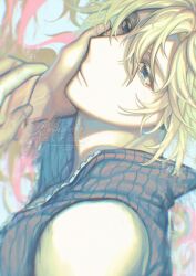  1boy aerith_gainsborough bangle bare_shoulders blonde_hair blue_eyes bracelet bubtea closed_mouth cloud_strife colored_eyelashes crying earrings female final_fantasy final_fantasy_vii final_fantasy_vii_advent_children grey_vest hair_between_eyes hand_on_another&#039;s_cheek hand_on_another&#039;s_face highres holding_another&#039;s_wrist jewelry popped_collar short_hair single_earring straight tears upper_body vest 