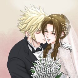  1boy aerith_gainsborough arm_around_shoulder black_bow black_bowtie black_suit blonde_hair bouquet bow bowtie bridal_veil brown_hair closed_eyes cloud_strife collared_shirt couple dress female final_fantasy final_fantasy_vii flower gloves hair_between_eyes hair_flower hair_ornament half-closed_eyes holding holding_bouquet husband_and_wife jacket kissing kissing_cheek long_hair parted_bangs parted_lips shirt short_hair sidelocks smile spiked_hair straight suit suit_jacket upper_body veil wedding_dress white_dress white_gloves white_shirt ws_alte 