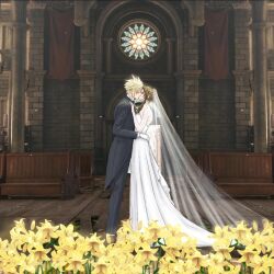 1boy aerith_gainsborough black_jacket black_pants blonde_hair brick_wall bridal_veil bride brown_hair church closed_eyes cloud_strife couple dress female final_fantasy final_fantasy_vii final_fantasy_vii_rebirth final_fantasy_vii_remake flower flower_bed gloves groom hand_on_another&#039;s_chest husband_and_wife jacket kissing lace_sleeves lily_(flower) long_dress pants parted_bangs pew screenshot_background sidelocks spiked_hair stained_glass straight tailcoat veil wedding wedding_dress white_dress white_gloves wooden_floor ws_alte yellow_flower 