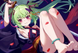  &gt;:) absurdres amamiyayk arm_up bare_shoulders barefoot bead_anklet black_kimono blunt_bangs blurry blush breasts butterfly_hair_ornament closed_mouth commentary convenient_leg criss-cross_halter depth_of_field dutch_angle falling_petals feet female fighting_stance floating_hair foot_out_of_frame glint green_hair hair_ornament hair_ribbon halterneck highres hime_cut holding holding_sword holding_weapon japanese_clothes katana kimono knees_up legs_together long_hair long_sleeves looking_at_viewer murasame_(senren) petals pom_pom_(clothes) red_eyes red_ribbon red_sash ribbon sash senren_banka short_kimono sidelocks sitting small_breasts smile smug soles solo sword toenails toes two_side_up v-shaped_eyebrows very_long_hair weapon wide_sleeves 