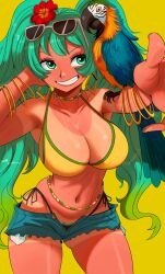  absurdres alternate_breast_size aqua_eyes aqua_hair bikini bird bracelet brazilian_miku breasts cleavage coolb_art cowboy_shot denim denim_shorts eyewear_on_head female hatsune_miku highres jewelry large_breasts long_hair macaw navel open_fly parrot shorts swimsuit tan tanlines twintails vocaloid yellow_background yellow_bikini 