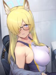  animal_ear_fluff animal_ears bare_shoulders bespectacled black-framed_eyewear black_skirt blonde_hair blue_archive blush breasts chair commentary_request female glasses grey_shirt hair_over_one_eye halo kanna_(blue_archive) kanna_(swimsuit)_(blue_archive) large_breasts long_hair looking_at_viewer notched_ear one-piece_swimsuit open_clothes open_shirt parted_lips sharp_teeth shirt sitting skirt solo swimsuit table teeth tomamatto undressing upper_body 