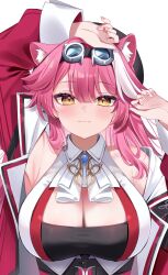  :3 animal_ear_fluff animal_ears arm_above_head arm_up armpits ascot belt beret black_belt black_beret black_tube_top blue_gemstone blush breasts chocola_vt cleavage closed_mouth coat collared_shirt commentary eyeshadow female gem goggles goggles_on_head hair_between_eyes hand_up hat highres hololive hololive_english jewelry large_breasts long_hair long_sleeves looking_at_viewer makeup multicolored_hair nail_polish open_clothes open_coat panther_ears panther_girl pink_coat pink_eyeshadow pink_hair pink_nails raora_panthera shirt simple_background sleeveless sleeveless_shirt smile solo strapless streaked_hair tube_top upper_body virtual_youtuber white_ascot white_background white_hair white_shirt yellow_eyes 