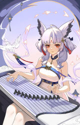  absurdres aiceq_(qianchen1999) arknights bare_shoulders chinese_commentary closed_mouth commentary cowboy_shot dress facial_mark female forehead_mark grey_hair hagoromo hair_ornament hair_over_shoulder highres instrument light_smile looking_at_viewer medium_hair music official_alternate_costume orange_eyes parted_bangs playing_instrument ptilopsis_(amongst_the_clouds)_(arknights) ptilopsis_(arknights) shawl sitting solo strapless strapless_dress tassel white_dress white_shawl 