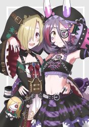  2girls :d animal_hood armpits badge belt blonde_hair brown_eyes chains crop_top detached_sleeves eyepatch grey_background grey_eyes hair_over_one_eye halulu hashtag-only_commentary hayasaka_mirei highres hood hood_up hoodie horns idolmaster idolmaster_cinderella_girls idolmaster_cinderella_girls_starlight_stage jewelry looking_at_viewer midriff multiple_girls nail_polish navel open_mouth purple_hair red_eyes shirasaka_koume short_hair skirt sleeves_past_wrists smile 