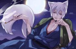  1boy animal_ears bishounen blue_kimono commentary_request fox_boy fox_ears fox_tail full_moon haori holding holding_smoking_pipe japanese_clothes kamisama_hajimemashita kimono kirimi_maguro kiseru looking_at_viewer lying male_focus moon night on_side outdoors purple_eyes short_hair smoking_pipe solo star_(sky) tail tomoe_(kamisama_hajimemashita) white_hair 