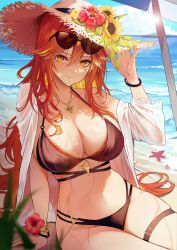  alternate_costume beach bikini black-framed_eyewear black_bikini black_panties bracelet breasts cleavage cloud day eyewear_on_head female flower genshin_impact hand_up hashtag-only_commentary hat hat_flower jewelry large_breasts looking_at_viewer mavuika_(genshin_impact) outdoors panties pendant red_eyes red_flower sitting smile solo straw_hat sun sun-shaped_pupils sun_hat sunglasses swimsuit thigh_strap tinted_eyewear underwear water wet yellow_flower yuna_(deadawon) 