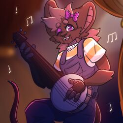  1:1 4_fingers accessory animatronic anthro banjo_(instrument) bat black_body black_fur blue_clothing blue_overalls bow_ribbon brandy_blumen_yusakov_(sebbidraws) clothed clothing curtains digital_drawing_(artwork) digital_media_(artwork) dinnermeat1 facial_tuft fangs female fingers fully_clothed fur grey_hair hair hair_accessory hair_ribbon hairbow half-length_portrait heart_eyes heart_symbol hi_res inside looking_at_viewer machine mammal multicolored_clothing multicolored_shirt multicolored_topwear musical_instrument musical_note musical_symbol one_eye_closed open_mouth open_smile overalls pattern_clothing pattern_shirt pattern_topwear playing_music plucked_string_instrument portrait purple_eyelids purple_eyes raised_leg ribbons robot shaded shirt smile soft_lighting solo stage string_instrument striped_clothing striped_shirt striped_topwear stripes symbol t-shirt teeth topwear tuft white_clothing white_shirt white_topwear wink yellow_clothing yellow_shirt yellow_topwear 