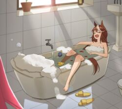  absurdres animal_ears bathing bathroom bathtub brown_hair closed_eyes commentary_request convenient_censoring faucet female highres horse_ears horse_girl horse_tail kkoz_555 long_hair multicolored_hair open_mouth petals plant potted_plant rubber_duck slippers smile soap_bubbles soap_censor solo streaked_hair tail tile_floor tiles tokai_teio_(umamusume) umamusume unworn_slippers white_hair window 