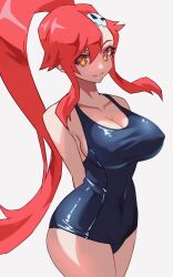  alternate_costume arms_behind_back bare_shoulders blue_one-piece_swimsuit breasts cleavage closed_mouth collarbone competition_swimsuit covered_navel covered_nipples cowboy_shot female hair_between_eyes hair_ornament highres large_breasts long_hair looking_at_viewer lowleg_swimsuit one-piece_swimsuit ponytail red_hair sideboob sidelocks simple_background skull_hair_ornament smile solo swimsuit taut_clothes taut_swimsuit tengen_toppa_gurren_lagann ura_dora very_long_hair white_background wide_hips yellow_eyes yoko_littner 