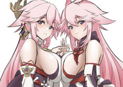  2girls absurdres animal_ears bare_shoulders breast_press breasts closed_mouth commentary_request detached_sleeves earrings fox_ears genshin_impact hair_ornament highres honkai_(series) honkai_impact_3rd japanese_clothes jewelry kimono large_breasts long_hair looking_at_viewer mihoyo multiple_girls nontraditional_miko ok_sign pink_hair purple_eyes sakura_ayane short_kimono sideboob simple_background symmetrical_docking task_baron trait_connection upper_body voice_actor_connection white_background white_kimono white_sleeves yae_miko yae_sakura yae_sakura_(gyakushinn_miko) 