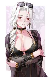  bikini black_bikini blush bracelet breasts carmilla_(fate) carmilla_(swimsuit_rider)_(fate) carmilla_(swimsuit_rider)_(third_ascension)_(fate) choker cleavage eyewear_on_head fate/grand_order fate_(series) female highres jewelry large_breasts long_hair long_sleeves looking_at_viewer motokebo17 orange_eyes parted_bangs smile solo sunglasses swimsuit white_hair 