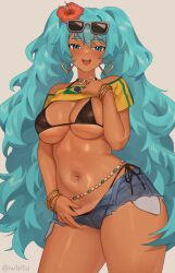  aqua_eyes aqua_hair bare_shoulders bikini black_bikini blush brazilian_flag_print brazilian_miku breasts cleavage earrings female hatsune_miku highres iwbitu jewelry large_breasts long_hair looking_at_viewer navel open_mouth smile solo swimsuit tan thighs twintails vocaloid 