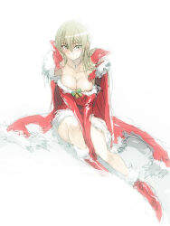  between_legs blonde_hair blush boots breasts brown_eyes cape cleavage coat dress facing_viewer female fur-trimmed_coat fur_trim hand_between_legs jacket jacket_on_shoulders light_smile looking_at_viewer mistletoe moribuden on_ground own_hands_together red_cape red_footwear red_shirt santa_boots santa_bra santa_costume santa_dress shirt sitting tenjouin_asuka white_background yu-gi-oh! yu-gi-oh!_gx 