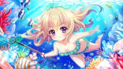  &gt;:) :t aqua_bikini aqua_bow barefoot bikini blonde_hair blush bow breasts butterflyfish cleavage closed_mouth collarbone coral coral_reef dot_nose female film_grain fish_request frilled_bikini frills game_cg hairbow hasegawa_mii holding_breath holding_trident izumi_tsubasu long_hair looking_at_viewer medium_breasts non-web_source official_art outdoors purple_eyes re:stage! smile solo sparkle sparkling_eyes strapless strapless_bikini swimming swimsuit underwater v-shaped_eyebrows 