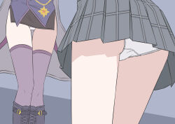  2girls absurdres black_footwear blue_archive boots demon_wings grey_skirt highres hina_(blue_archive) hoshino_(blue_archive) legs low_wings lower_body miniskirt mizusaki_(kn27) multiple_girls panties pantyshot pencil_skirt plaid_clothes plaid_skirt pleated_skirt purple_thighhighs simple_background skirt thighhighs underwear upskirt white_panties wings 